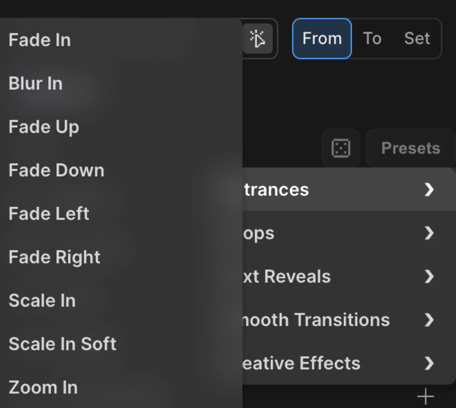Animation Presets panel in the Left Panel