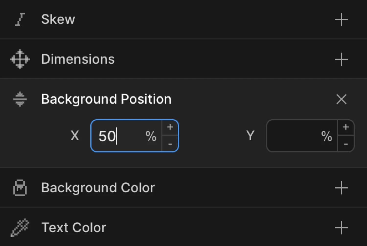 Background Position control expanded — X and Y inputs with unit toggles