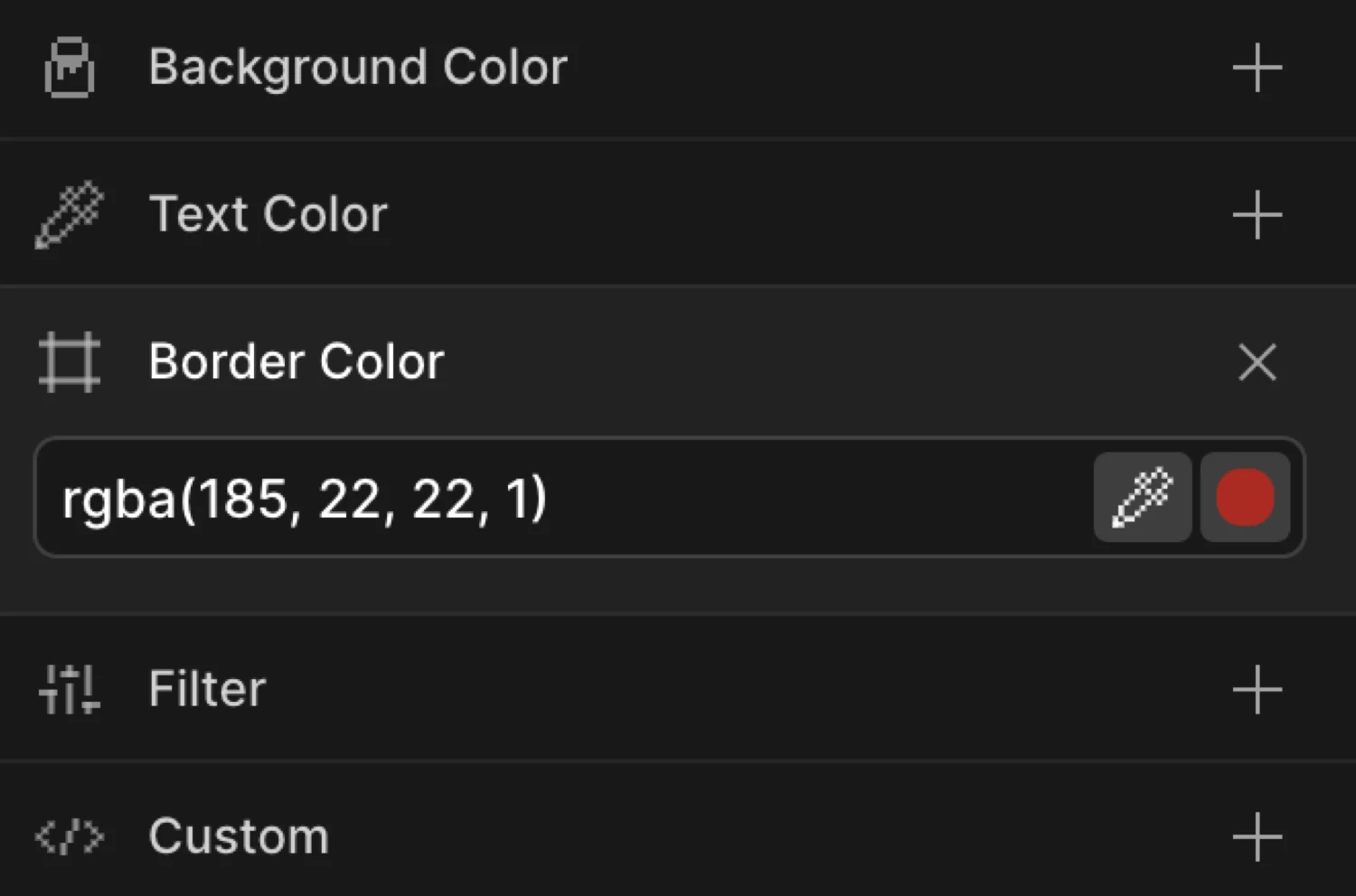 Border Color control expanded — color picker and hex input