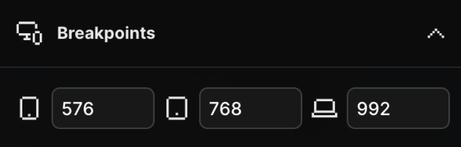 Breakpoints settings — pixel inputs for phones, tablets, and laptops