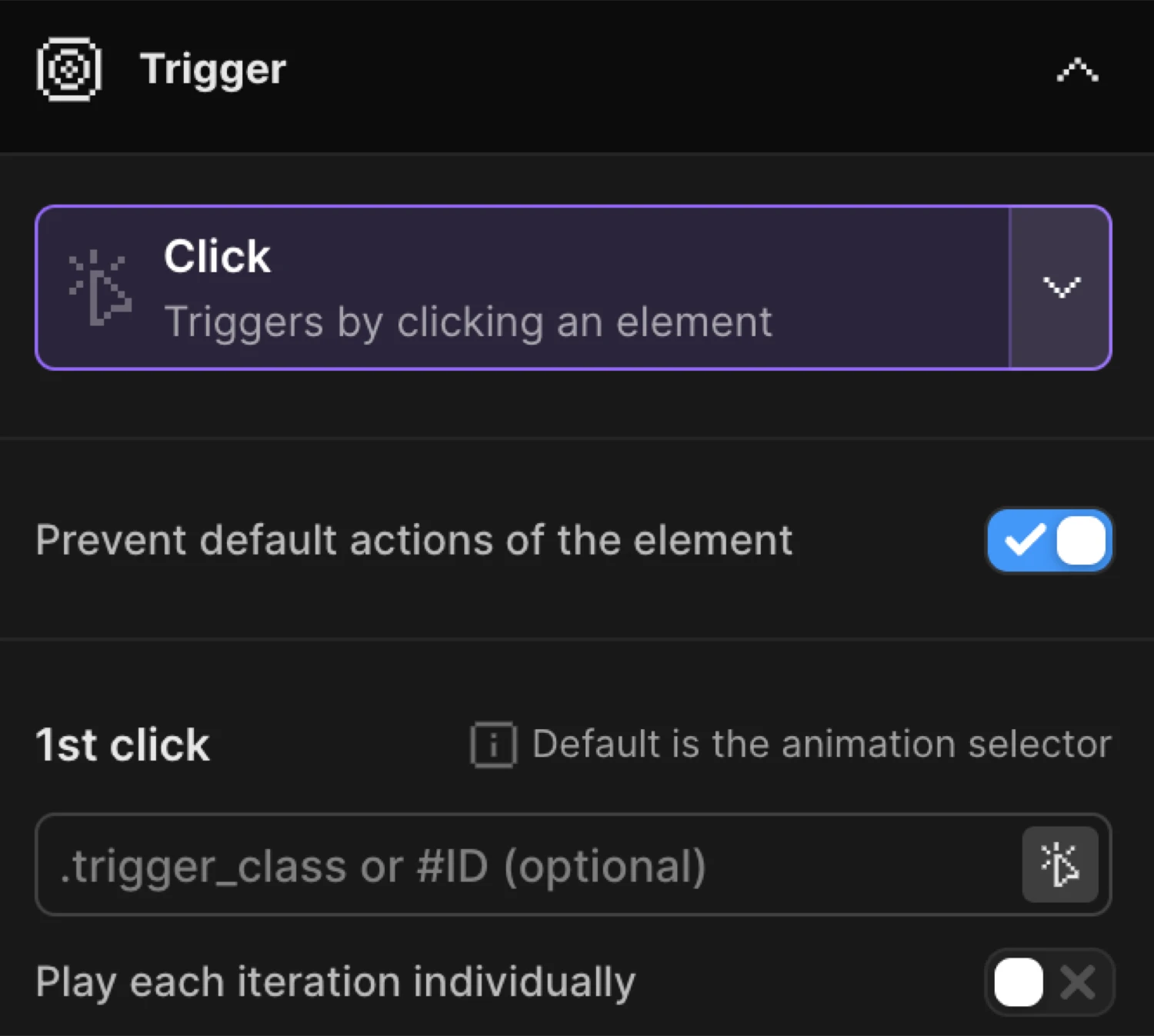 Click trigger settings panel