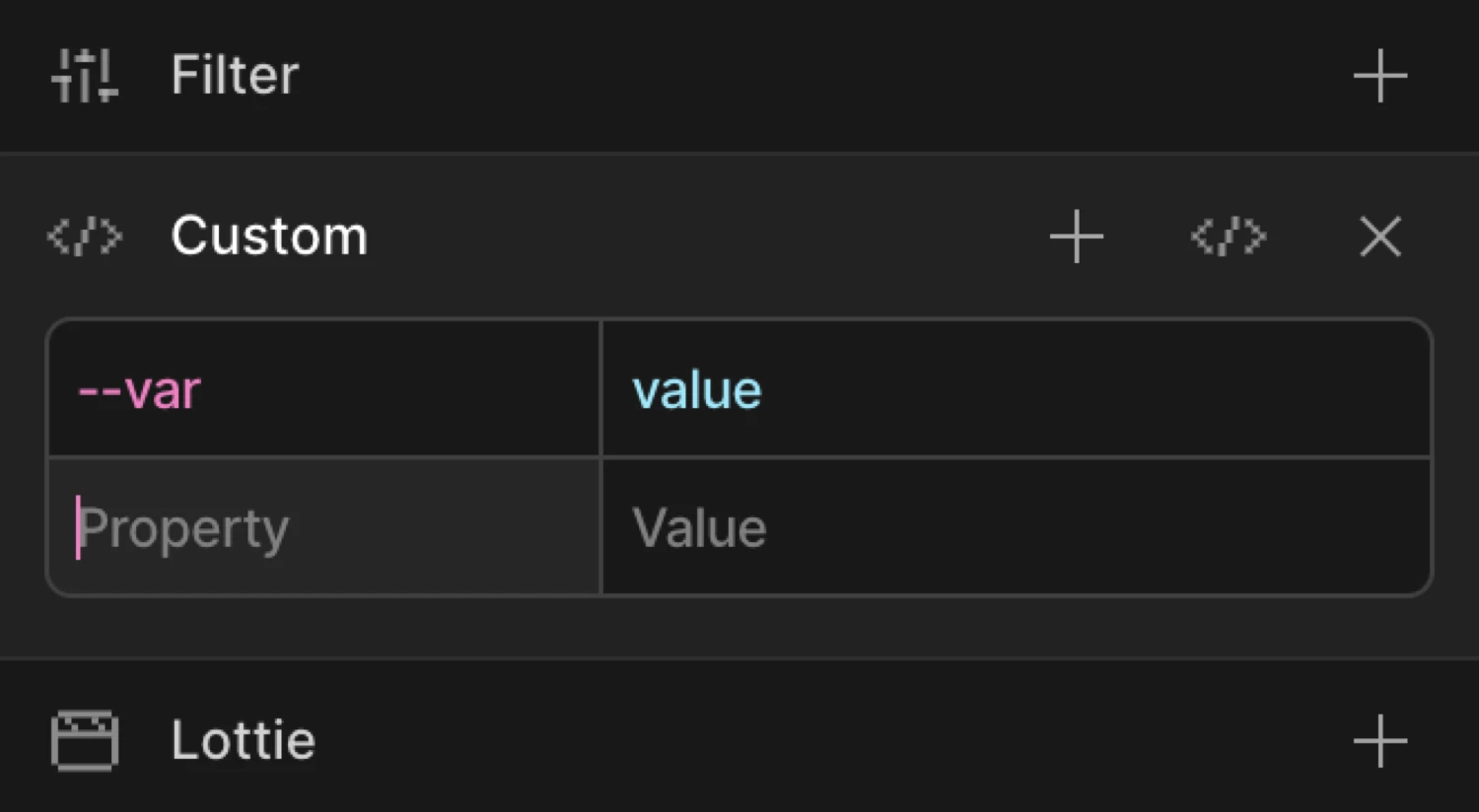 Custom Properties expanded — key/value rows with property and value inputs