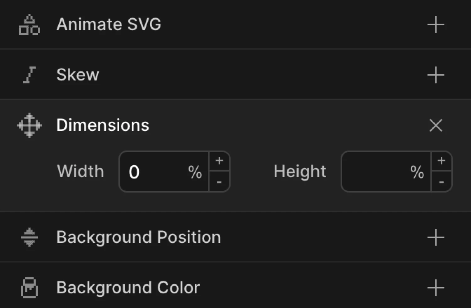 Dimensions controls — Width and Height inputs with unit selectors