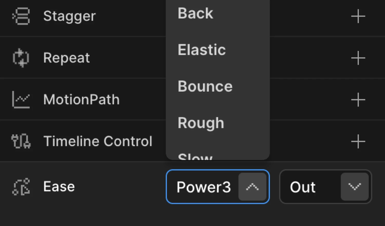 Ease picker — family and direction dropdowns