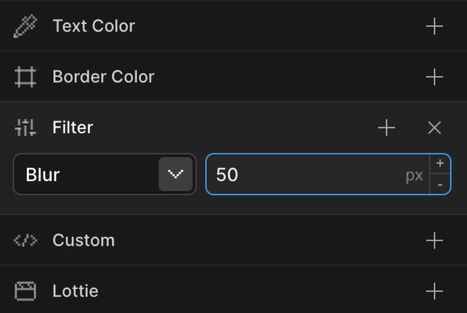 Filter control expanded — type dropdown and value input
