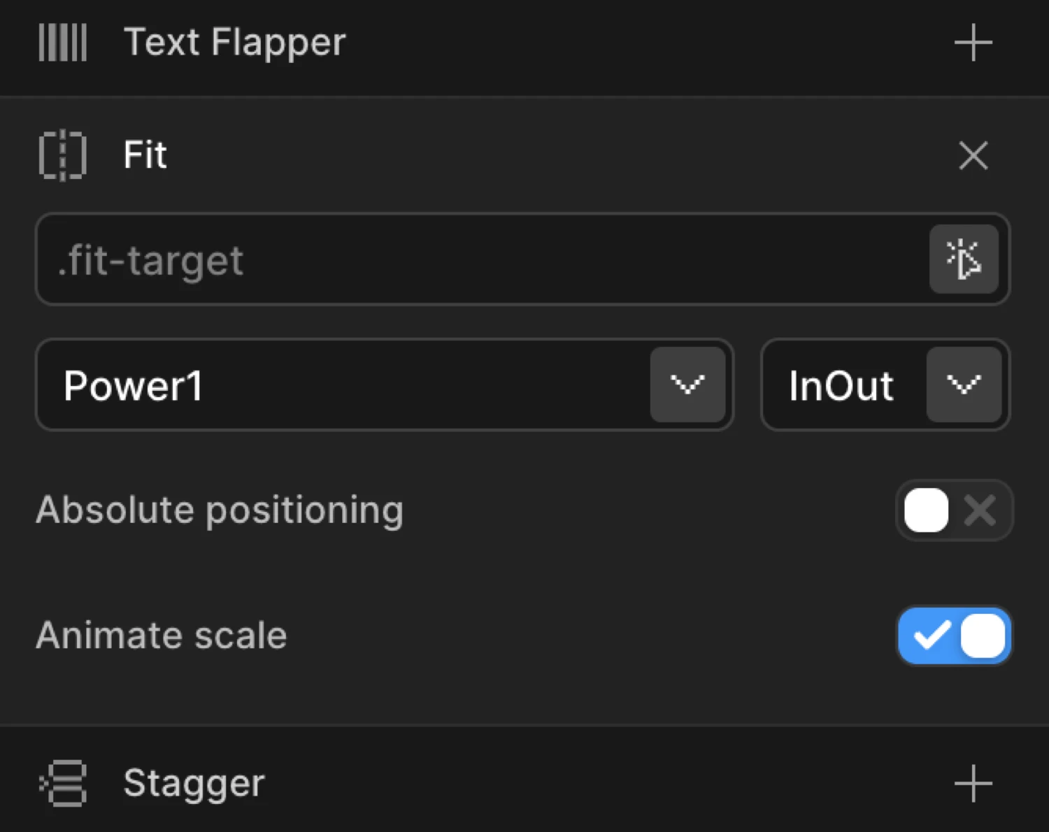 Fit controls expanded — target selector, ease, and option toggles