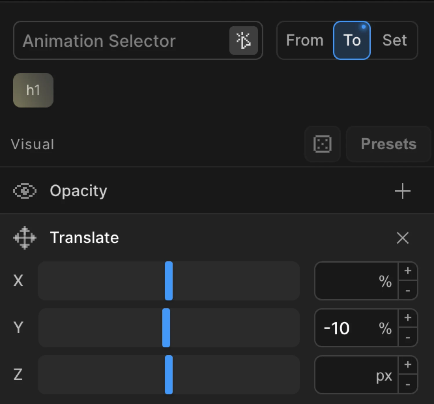 To mode — y set to -10 for a hover lift effect