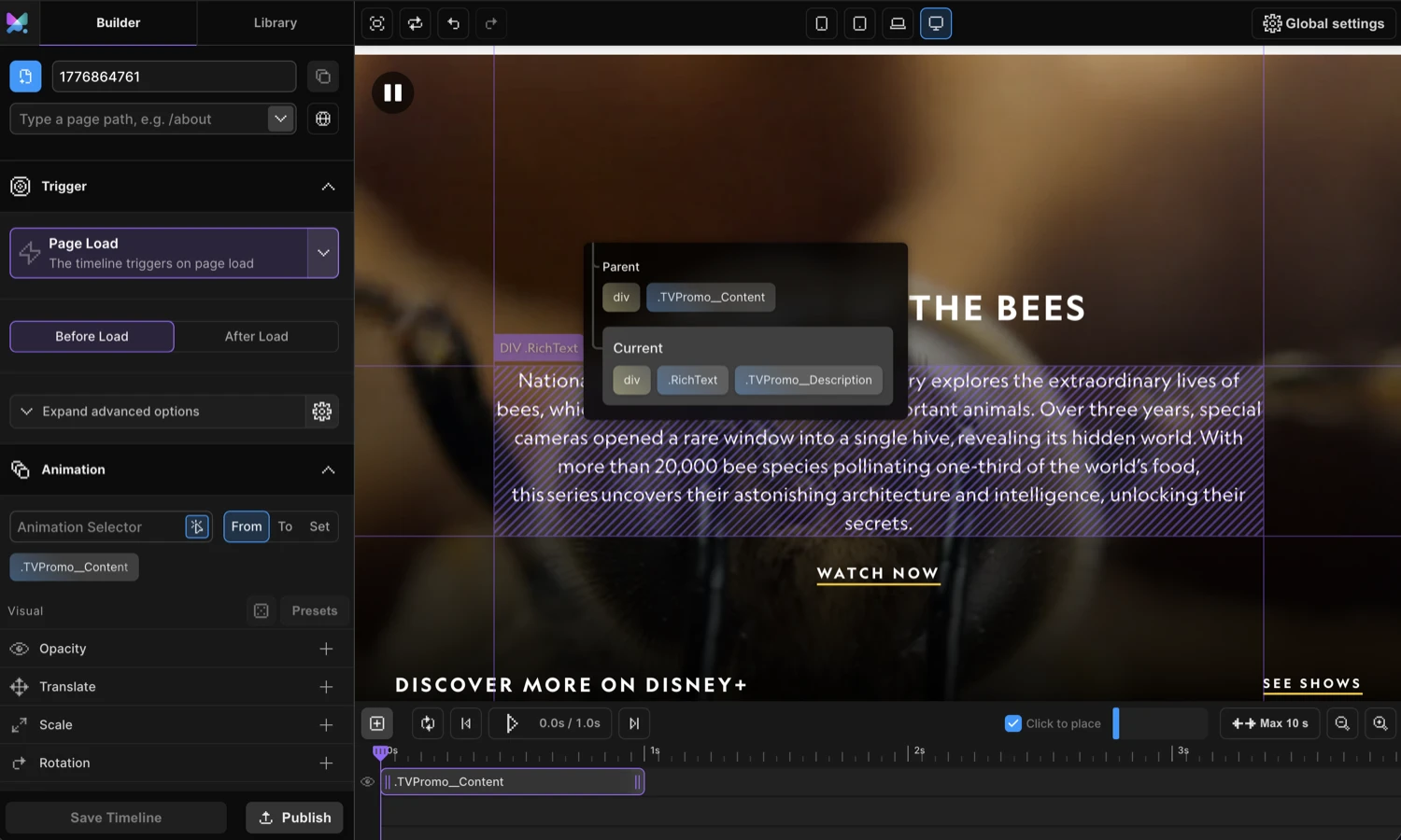 Selecting an element — Frame View highlight and Left Panel selector field