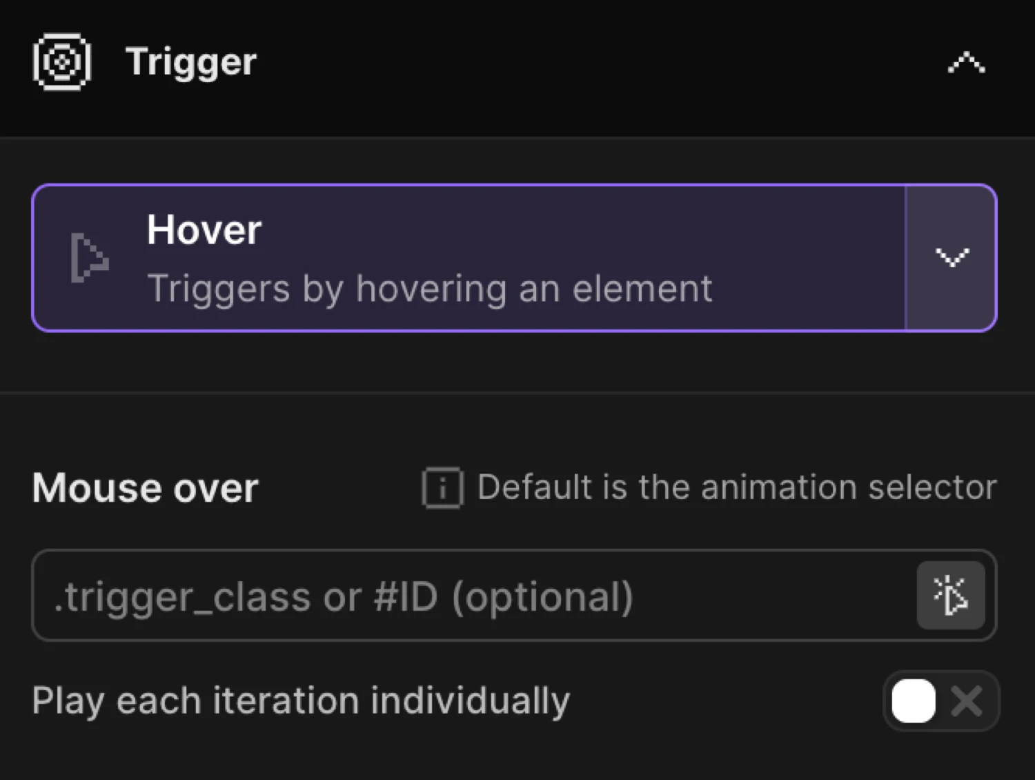 Hover trigger settings panel