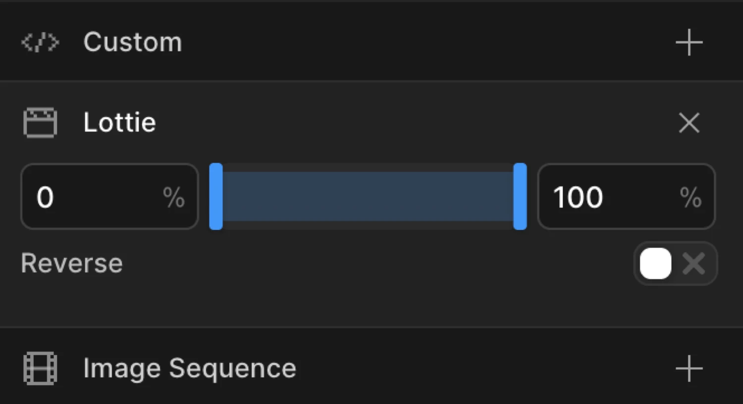 Lottie controls expanded — playback range slider and reverse toggle