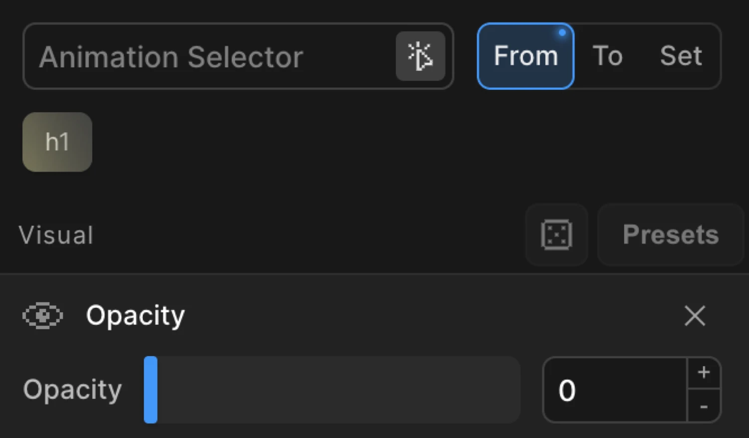 From mode — opacity set to 0 for a fade-in