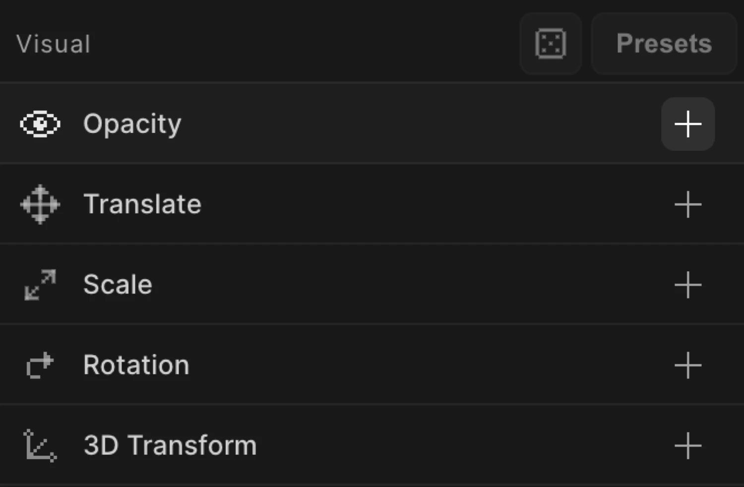 Opacity property in the Left Panel Visual Properties list