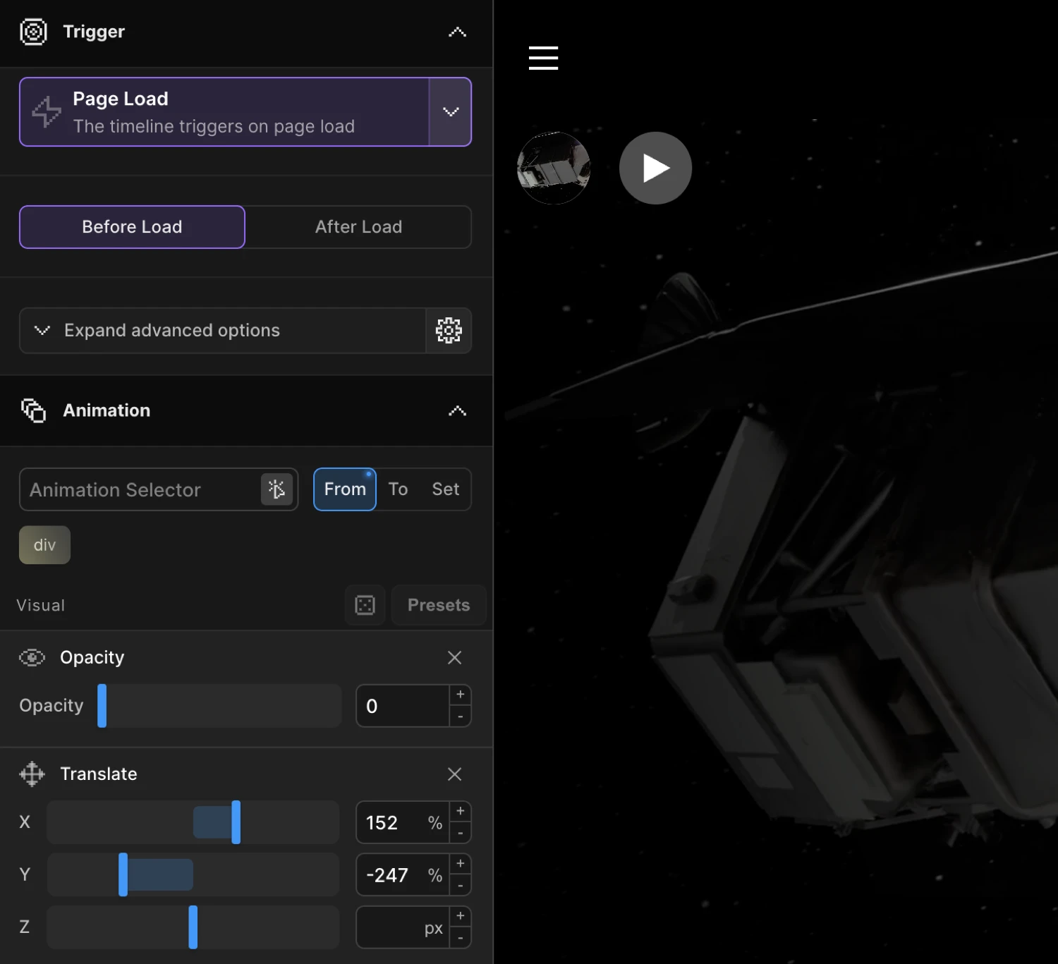 Left Panel — animation properties and trigger configured on a selected element