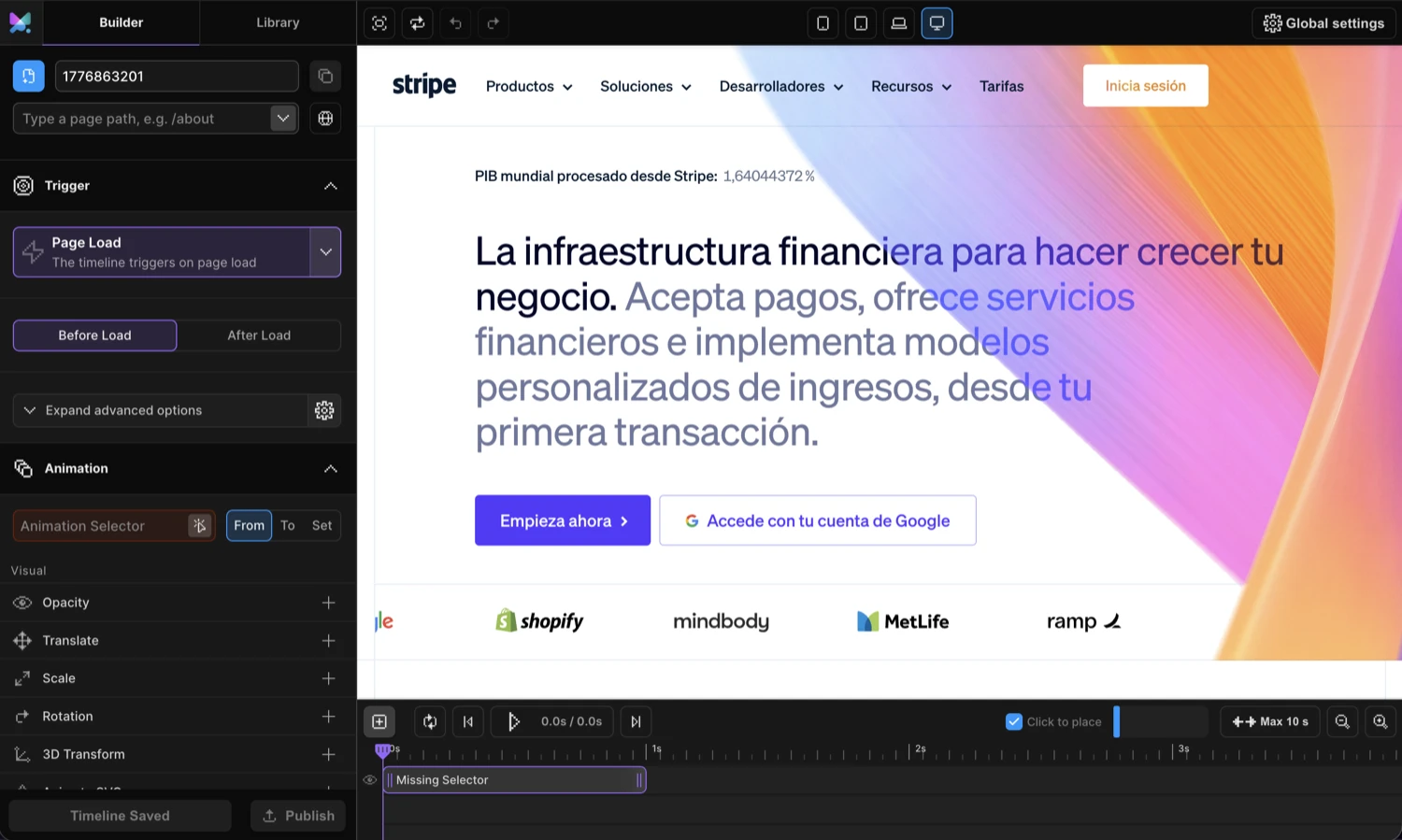 Motion.page Builder workspace — Left Panel, Frame View, Timeline Editor, and Top Panel