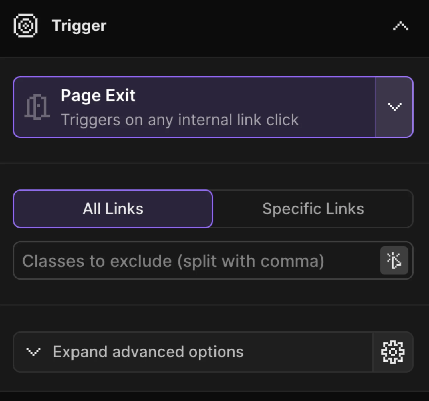 Page Exit trigger settings panel