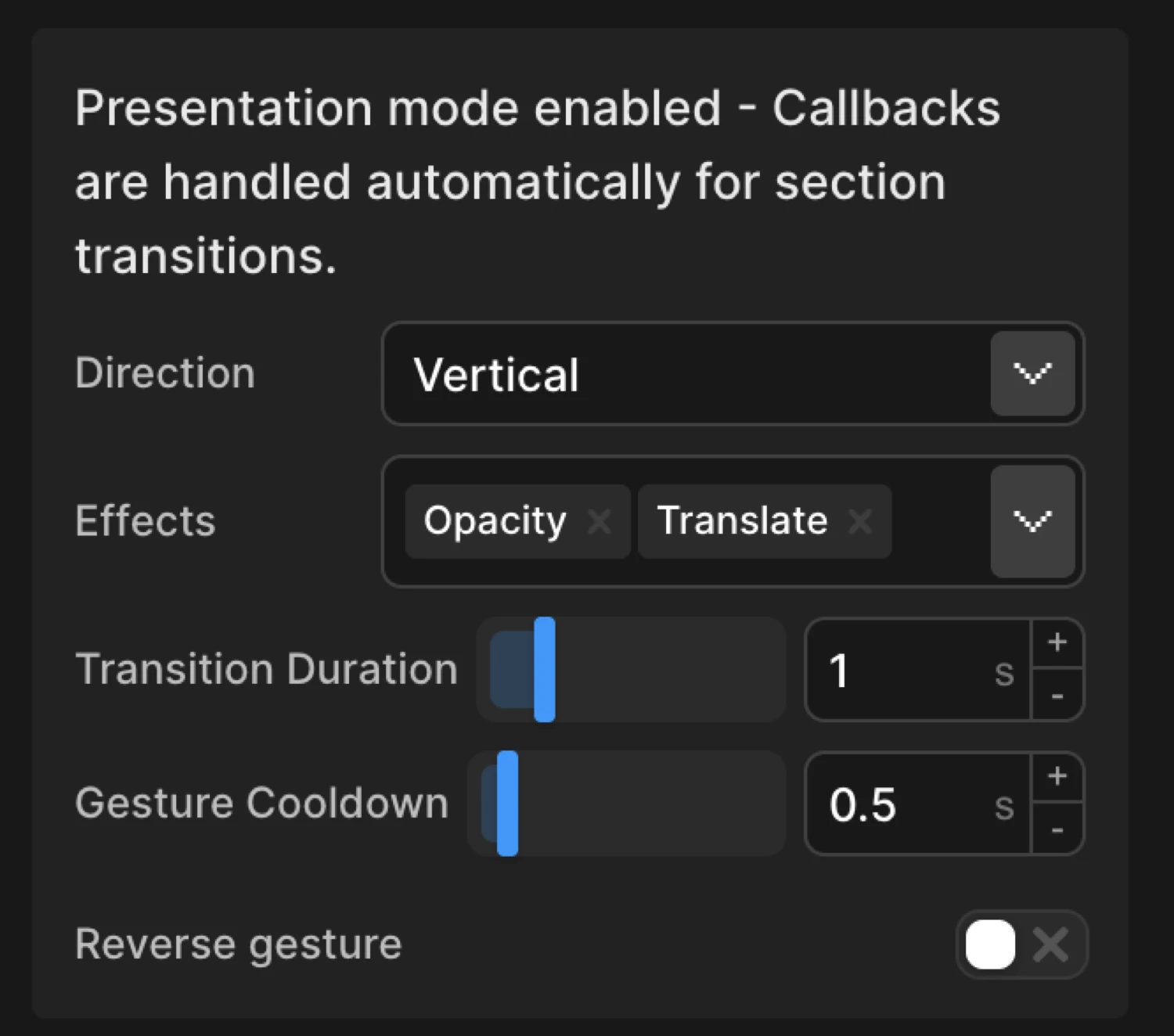 Presentation Mode settings panel