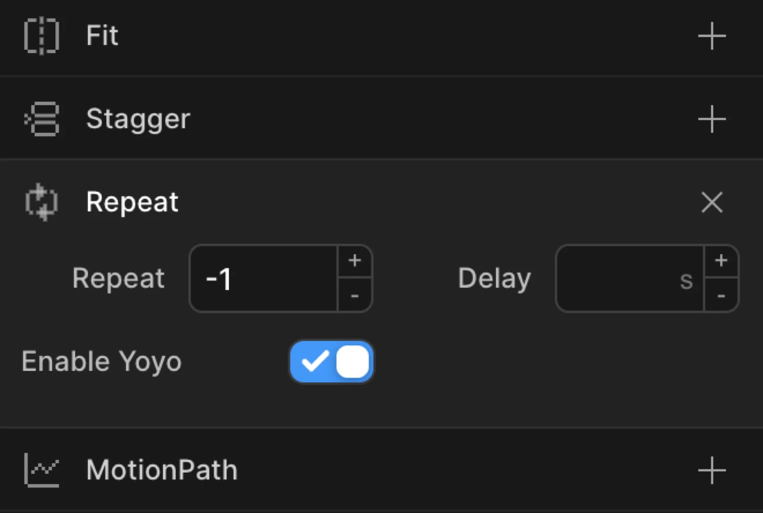 Repeat controls expanded — count input, delay input, and Yoyo toggle