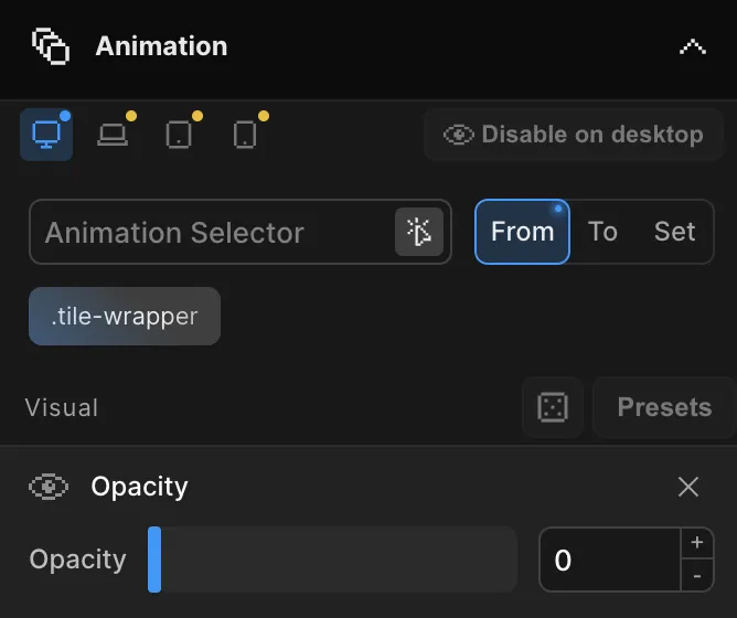 Responsive Editing — device switcher in the Top Panel with override markers on edited values