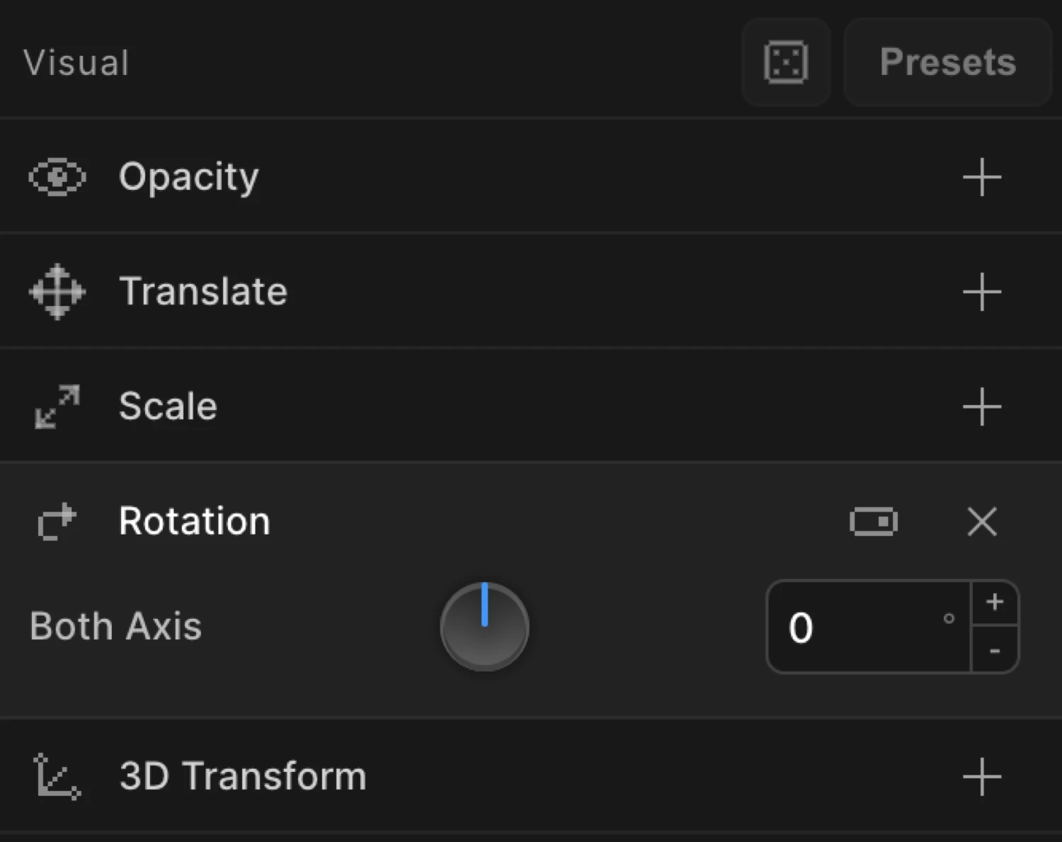Rotation controls — Both Axis dial and per-axis Rotate X / Rotate Y inputs
