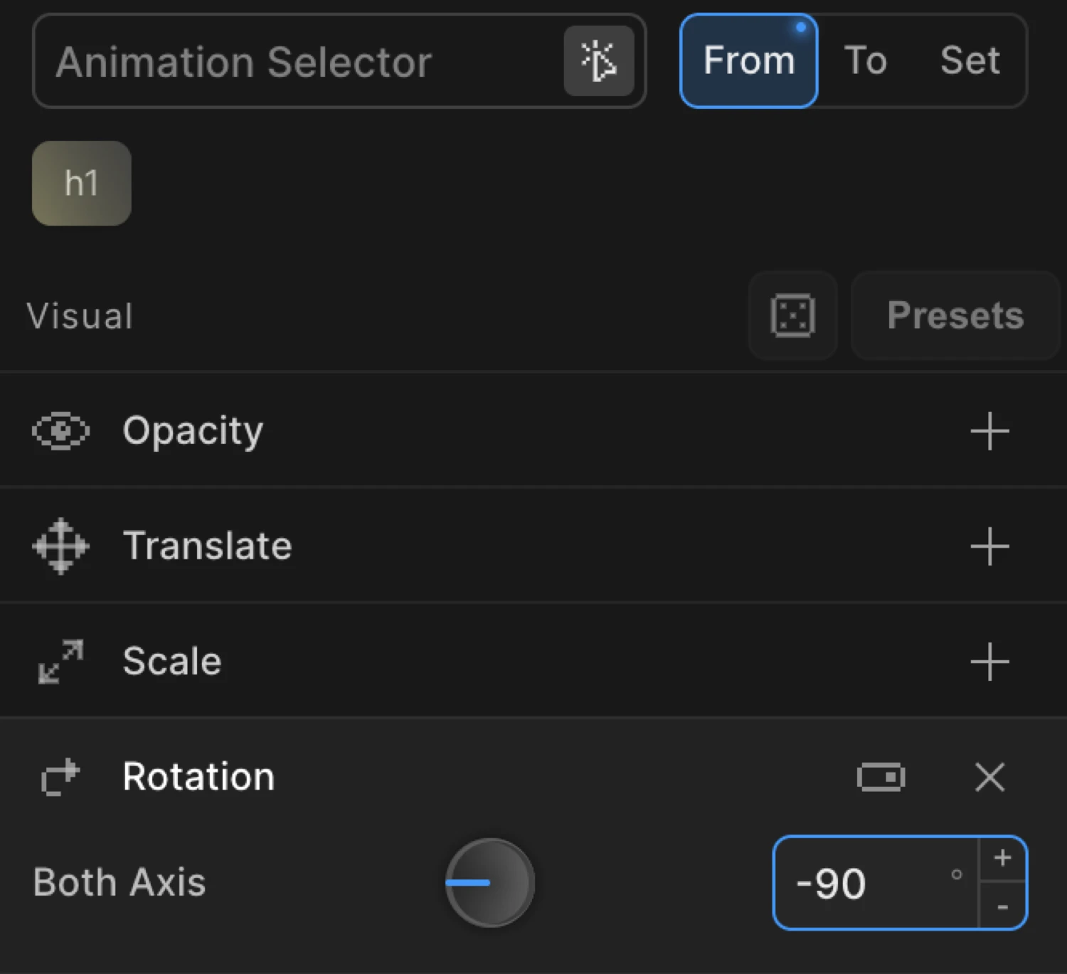 Rotation in From mode — Z set to -90° for a tilt-in entrance