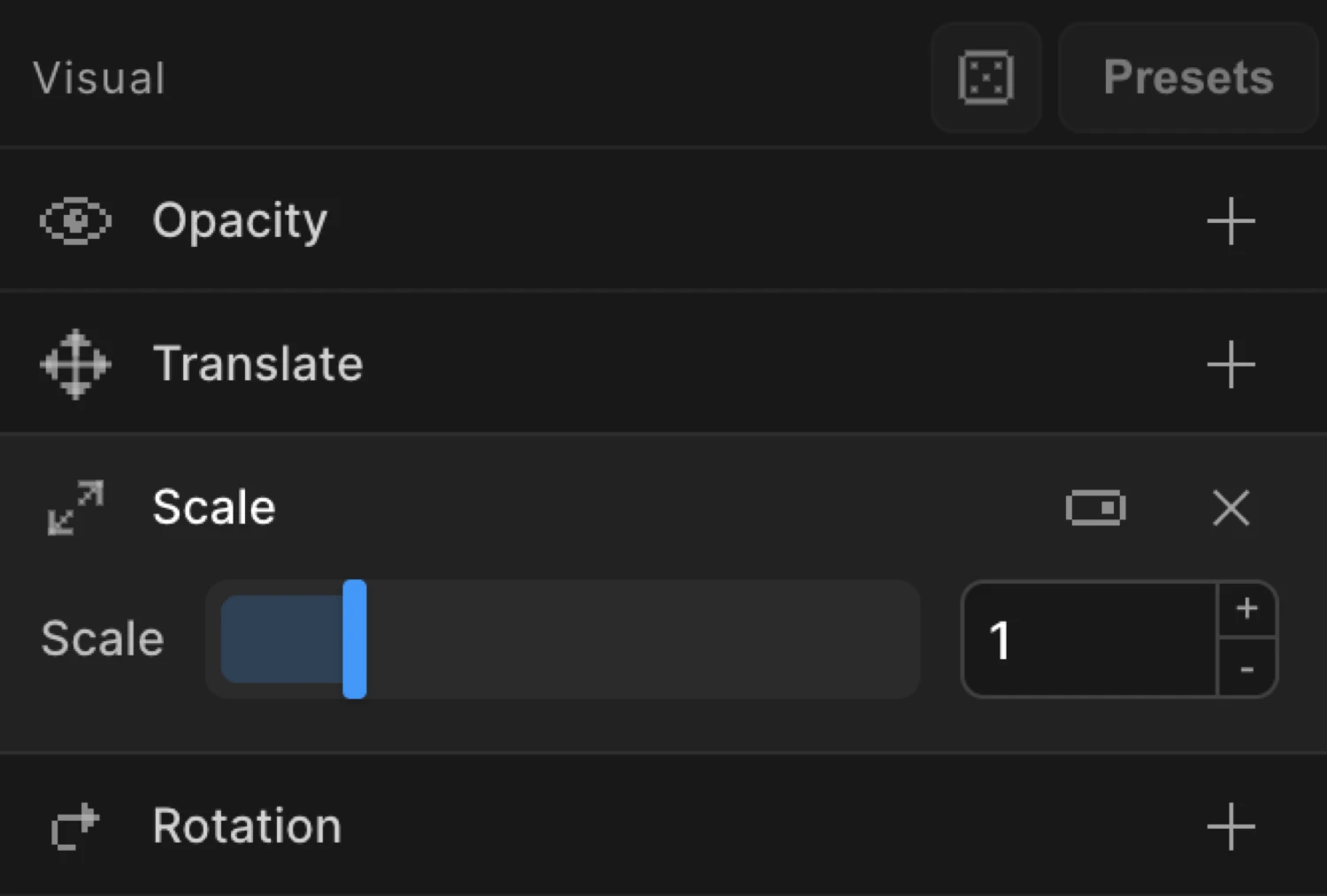 Scale control expanded — uniform mode with a single slider