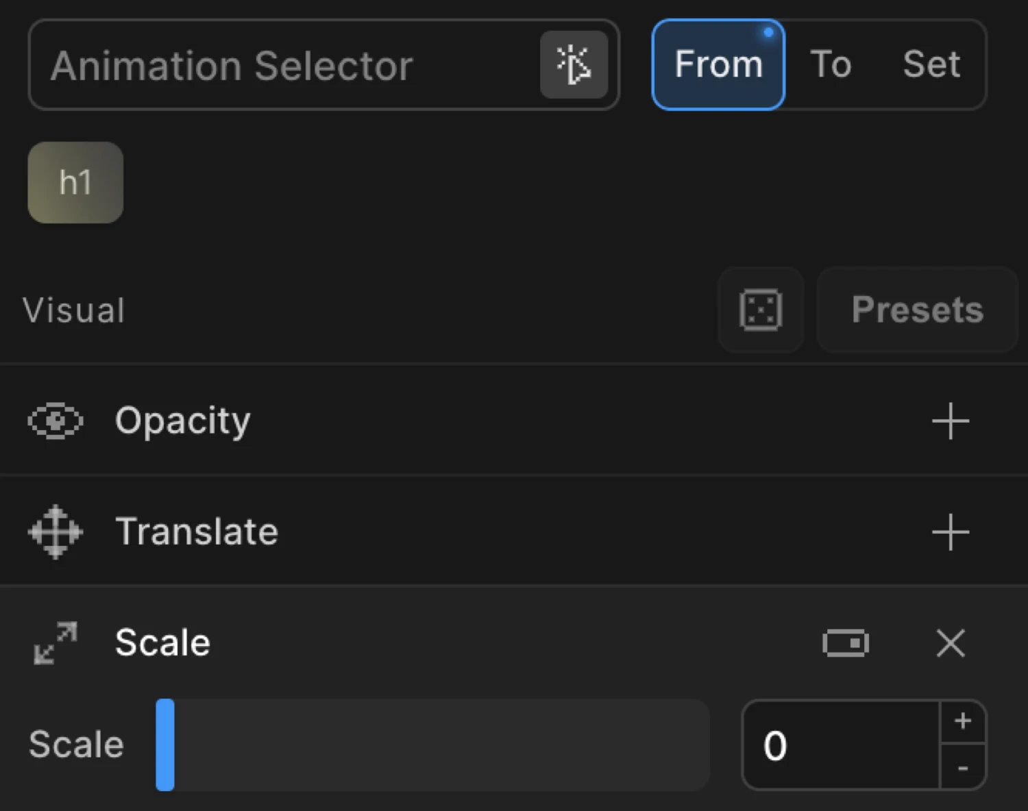 From mode — scale set to 0 for a pop-in entrance