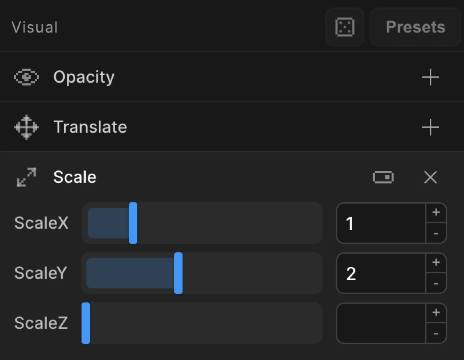 Scale mode toggle — the icon button in the row header that switches between uniform and per-axis