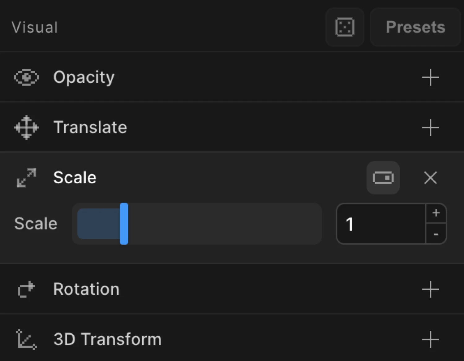 Scale per-axis mode — three independent sliders for scaleX, scaleY, and scaleZ