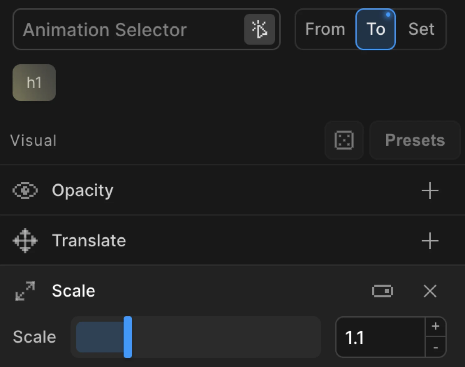 To mode — scale set to 1.1 for a hover grow effect