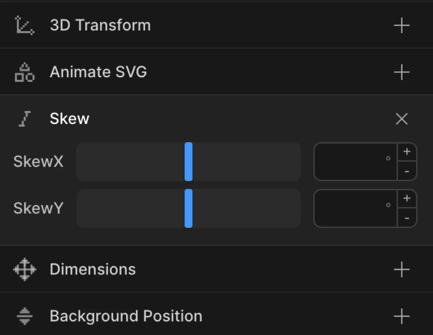 Skew controls — skewX and skewY degree inputs