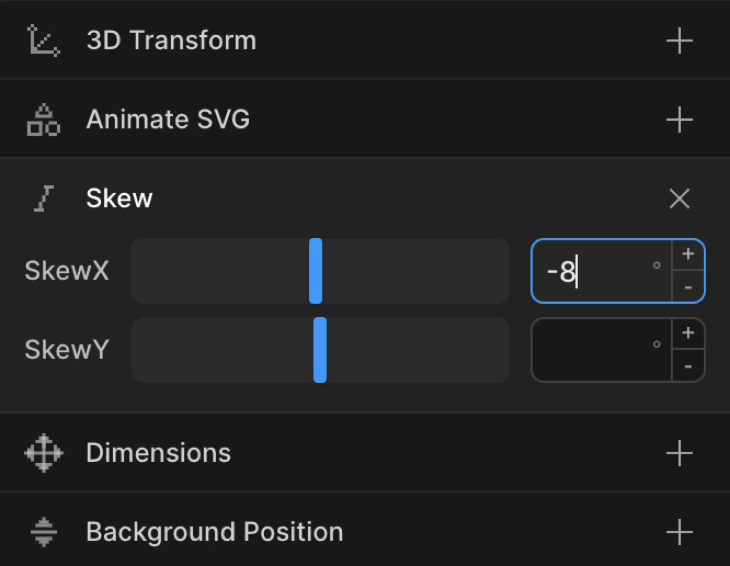 Skew in To mode — skewX set to -8 for a hover lean effect