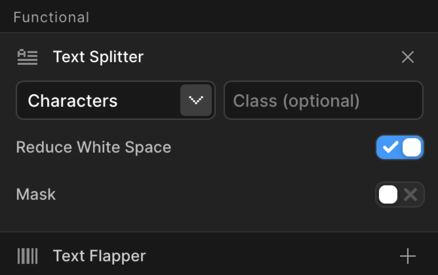 Text Splitter controls expanded — type dropdown, class input, and toggles