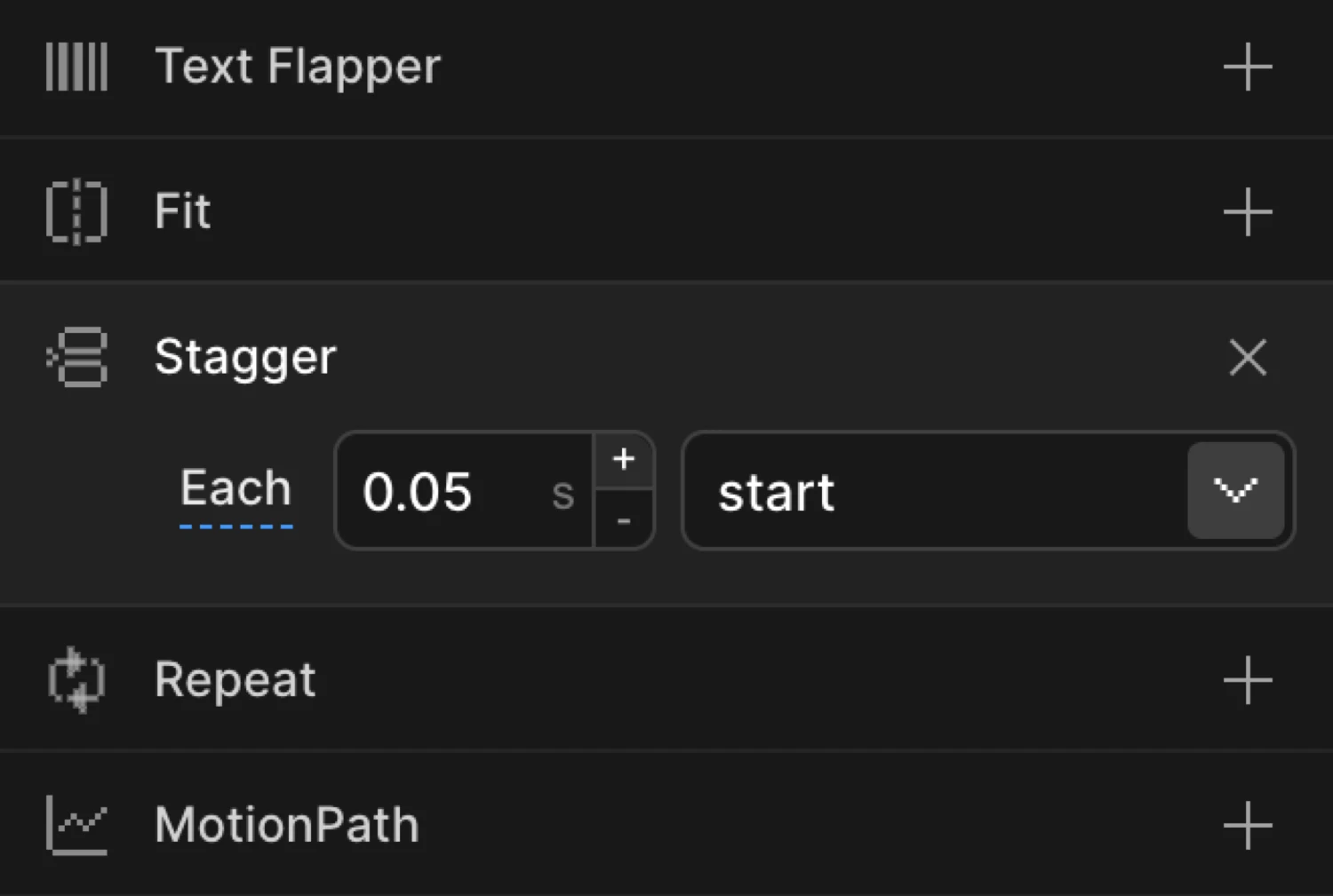 Stagger controls expanded — mode label, time input, and From dropdown
