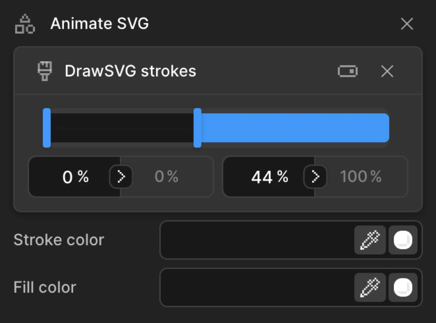 Animate SVG expanded — three sub-feature rows: DrawSVG, Stroke Color, Fill Color