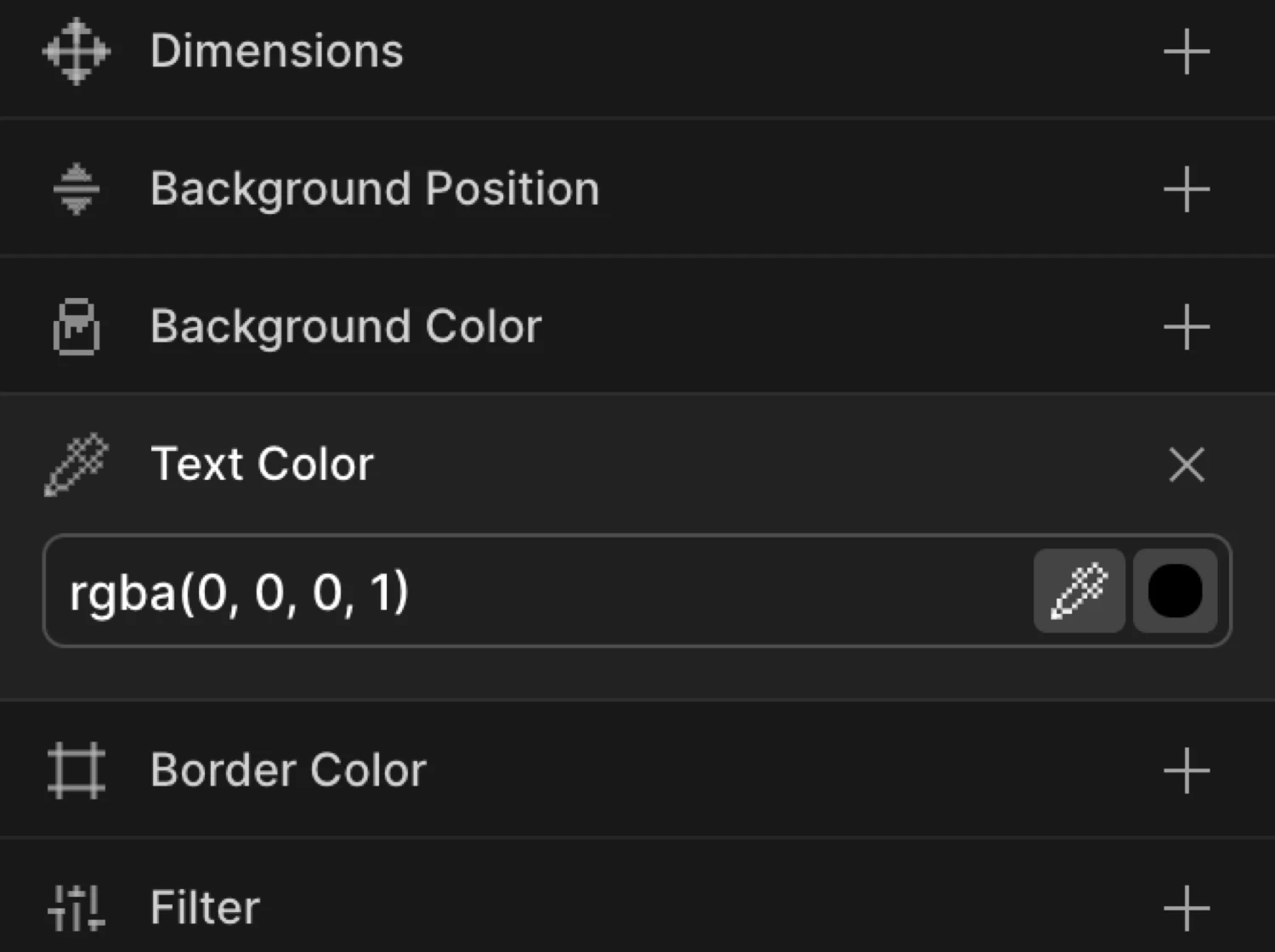 Text Color control expanded — color swatch and hex input