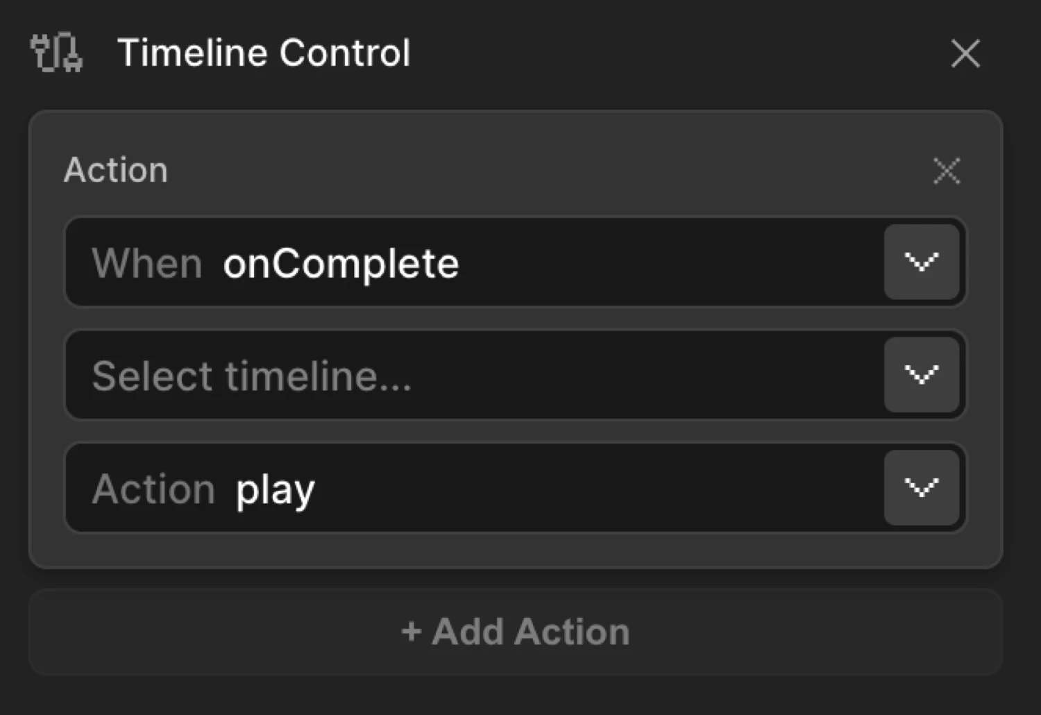Timeline Control action entry showing When, Target, and Action dropdowns