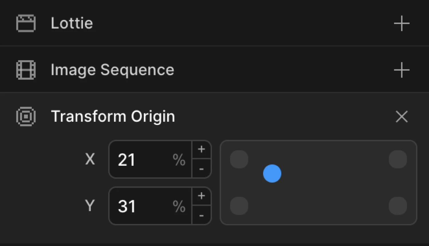 Transform Origin control expanded — X and Y inputs with visual grid