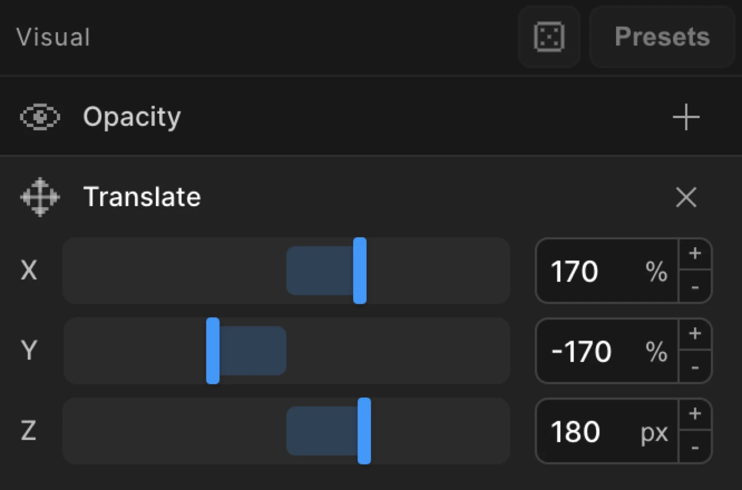 Translate controls — X, Y, Z inputs with unit selectors
