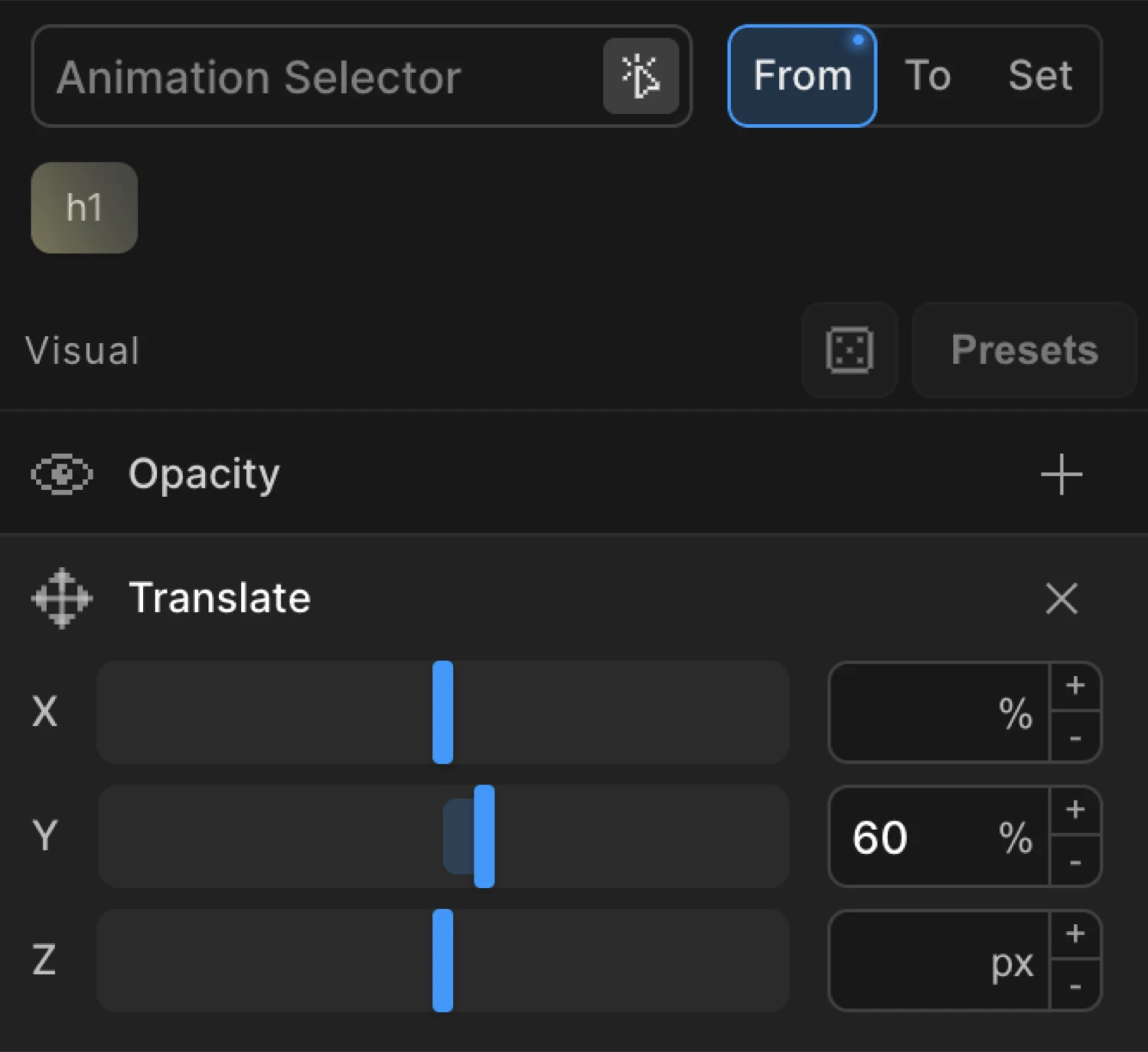 Translate in From mode — Y set to 60px for a slide-up entrance